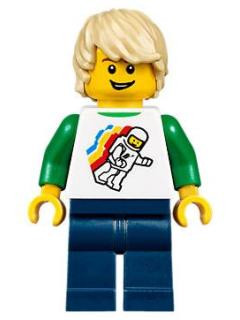 Lego figura Town - Boy - Classic Space Minifigure Floating Pattern, Dark Blue Legs, Tan Tousled Hair