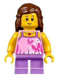 Lego figura Town - Girl - Bright Pink Top with Butterflies and Flowers, Medium Lavender Short Legs, Reddish Brown Female Hair Mid-Length